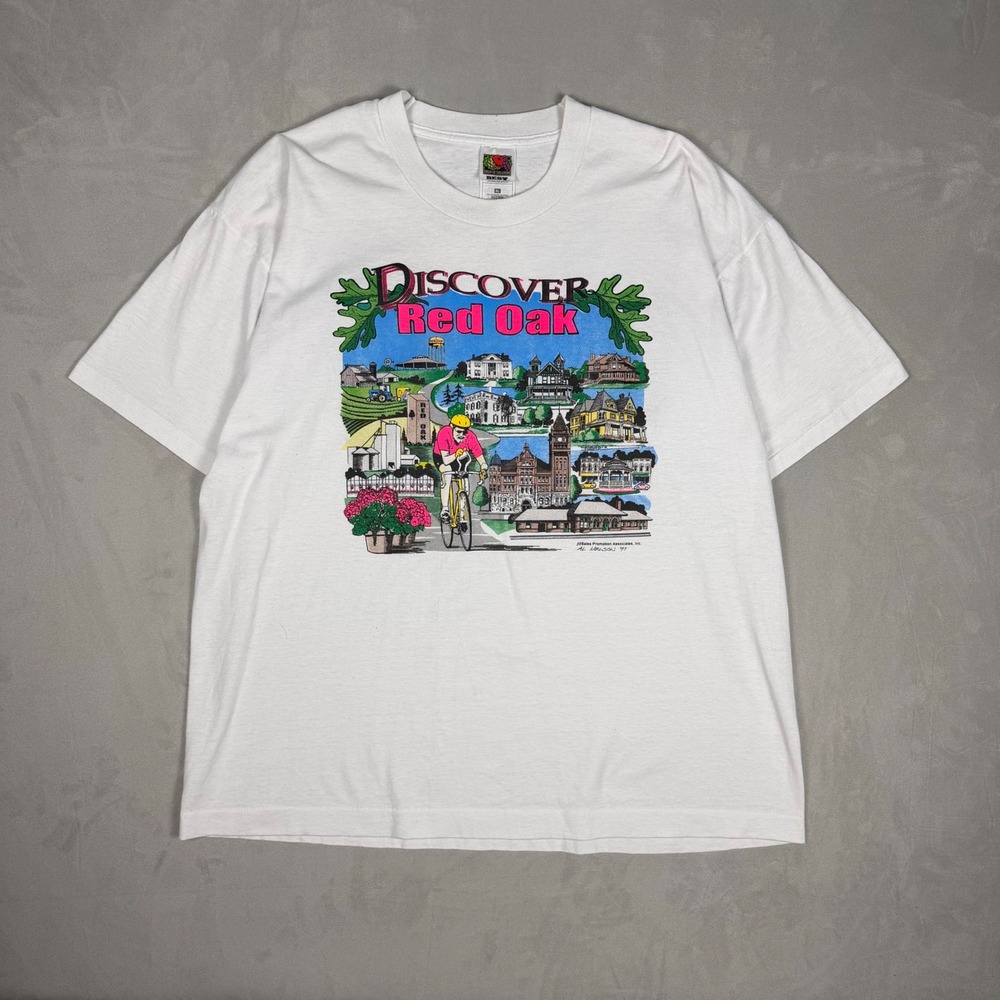 90s Mens Fruit of the Loom Discover Red Oak Vintage Graphic Tee XL